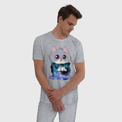 Пижама хлопковая мужская Котёнок в пледе, цвет: меланж — фото 2