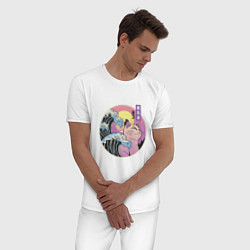 Пижама хлопковая мужская Vaporwave Sunset Кот Самурай, цвет: белый — фото 2