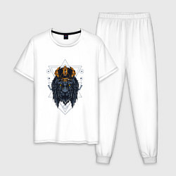 Пижама хлопковая мужская Голова льва с геометрией, цвет: белый
