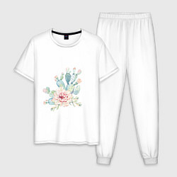 Пижама хлопковая мужская Цветущий кактус акварель, цвет: белый