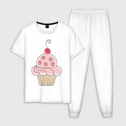 Пижама хлопковая мужская Тортик с вишенкой, цвет: белый