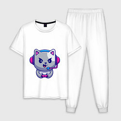 Пижама хлопковая мужская Кошка Геймер, цвет: белый