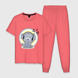Пижама хлопковая мужская Слоненок в наушниках, цвет: коралловый
