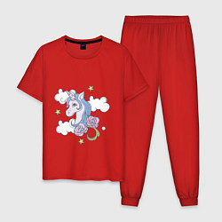 Пижама хлопковая мужская Единорог розы облака, цвет: красный