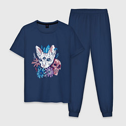 Пижама хлопковая мужская Мистический кот с черепом, цвет: тёмно-синий