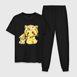 Пижама хлопковая мужская Пикачу и корги, цвет: черный