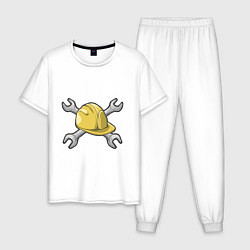 Пижама хлопковая мужская Каска и гаечные ключ, цвет: белый