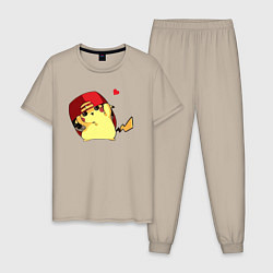 Пижама хлопковая мужская Пикачу под бейсболкой, цвет: миндальный