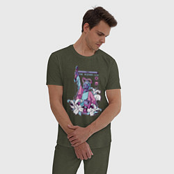 Пижама хлопковая мужская Vaporwave Pixel Wizard Flowers цвета меланж-хаки — фото 2