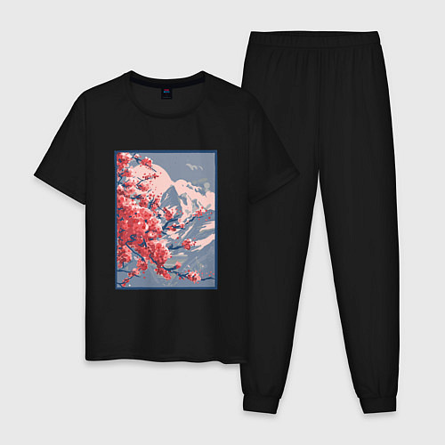 Мужская пижама Цветение Сакуры на фоне Фудзи / Черный – фото 1