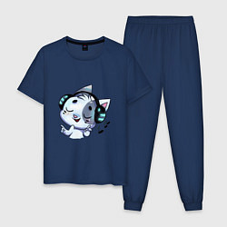 Пижама хлопковая мужская Котик в наушниках, цвет: тёмно-синий