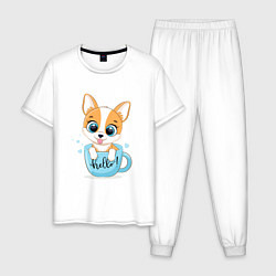 Пижама хлопковая мужская Собачка в кружке hello, цвет: белый