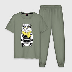 Пижама хлопковая мужская Hipster Cat, цвет: авокадо