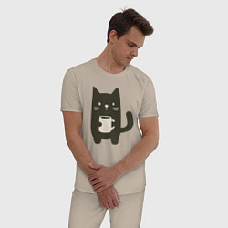 Пижама хлопковая мужская Котик с кружкой, цвет: миндальный — фото 2