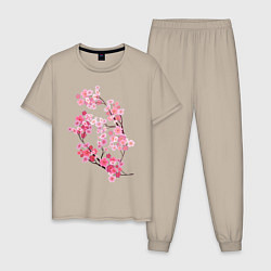 Пижама хлопковая мужская Цветение вишни, цвет: миндальный