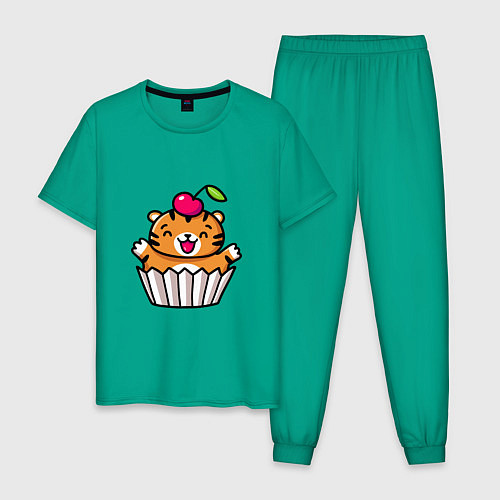 Мужская пижама Тигренок - пирожное / Зеленый – фото 1
