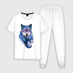 Пижама хлопковая мужская Волк акварель, цвет: белый