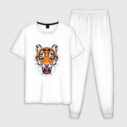 Пижама хлопковая мужская Свирепый тигр стиль low poly, цвет: белый