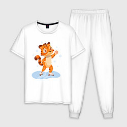 Пижама хлопковая мужская Тигр катается на коньках, цвет: белый