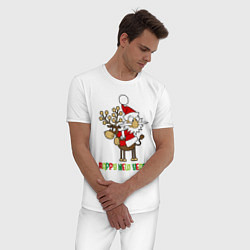 Пижама хлопковая мужская Happy New Year: Санта на олене, цвет: белый — фото 2