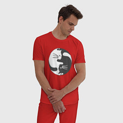 Пижама хлопковая мужская Коты инь янь 01, цвет: красный — фото 2