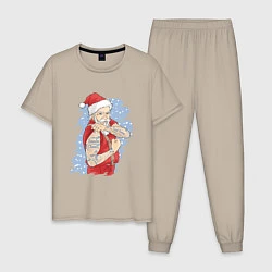 Пижама хлопковая мужская САНТА С ТАТУ 2022, цвет: миндальный