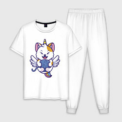 Пижама хлопковая мужская Кот - единорог и клубок, цвет: белый