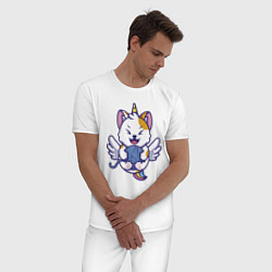 Пижама хлопковая мужская Кот - единорог и клубок, цвет: белый — фото 2