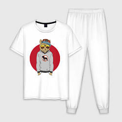 Пижама хлопковая мужская Cat hipster, цвет: белый