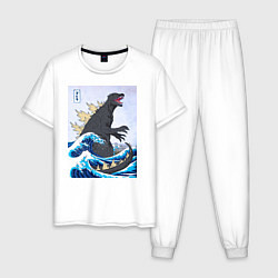 Пижама хлопковая мужская Godzilla in The Waves Eastern, цвет: белый