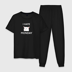 Пижама хлопковая мужская I hate monday текст с котом, цвет: черный