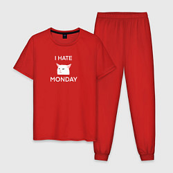 Пижама хлопковая мужская I hate monday текст с котом, цвет: красный