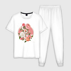 Пижама хлопковая мужская Love in pink flowers, цвет: белый