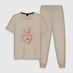 Пижама хлопковая мужская Нежные розовые цветы, цвет: миндальный