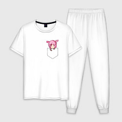 Пижама хлопковая мужская Anime тян с розовыми волосами в кармане, цвет: белый