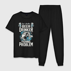 Пижама хлопковая мужская Просто еще один любитель пива, с проблемой рыбалки, цвет: черный
