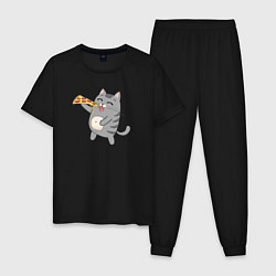 Пижама хлопковая мужская Кот с кусочком пиццы, цвет: черный