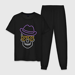 Пижама хлопковая мужская Череп в шляпе Неон, цвет: черный