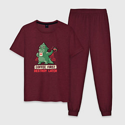 Пижама хлопковая мужская Coffee First Destroy Later, цвет: меланж-бордовый