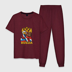 Пижама хлопковая мужская Хоккей - Russia, цвет: меланж-бордовый