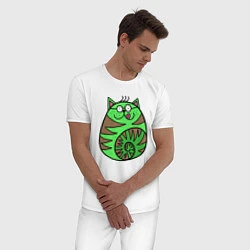 Пижама хлопковая мужская Зеленый круглый кот, цвет: белый — фото 2