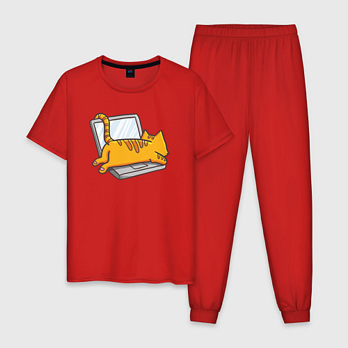Мужская пижама Котик лежит на ноутбуке / Красный – фото 1