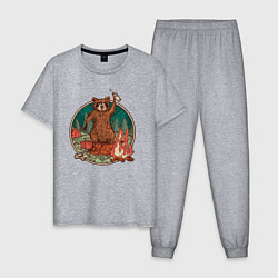 Пижама хлопковая мужская Винтажный енот на отдыхе Camping Raccoon, цвет: меланж