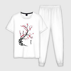 Пижама хлопковая мужская Сакура с иероглифами, цвет: белый