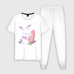 Пижама хлопковая мужская Милый Крольчонок С Большой Морковкой, цвет: белый