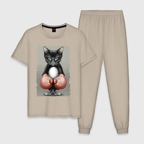 Мужская пижама Крутой котяра в боксёрских перчатках Cool cat in b / Миндальный – фото 1