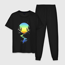Пижама хлопковая мужская Заходящее солнце отражается в ручье The setting su, цвет: черный