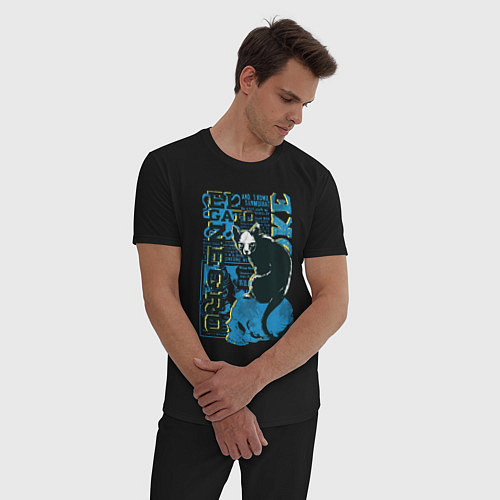 Мужская пижама Футболка с изображением черепа кошки / Черный – фото 3