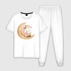 Пижама хлопковая мужская Милый Лисёнок Сидит На Месяце и Нежится, цвет: белый