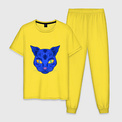 Пижама хлопковая мужская Иллюстрация неоновой кошки, цвет: желтый